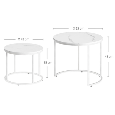 Rysunek techniczny zestawu stolików MARBLE WHITE z wymiarami
